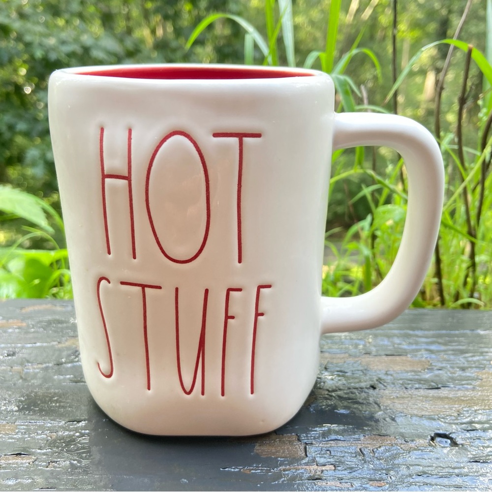 RAE DUNN White Mug with Red Interior and 'Hot Stuff' Text